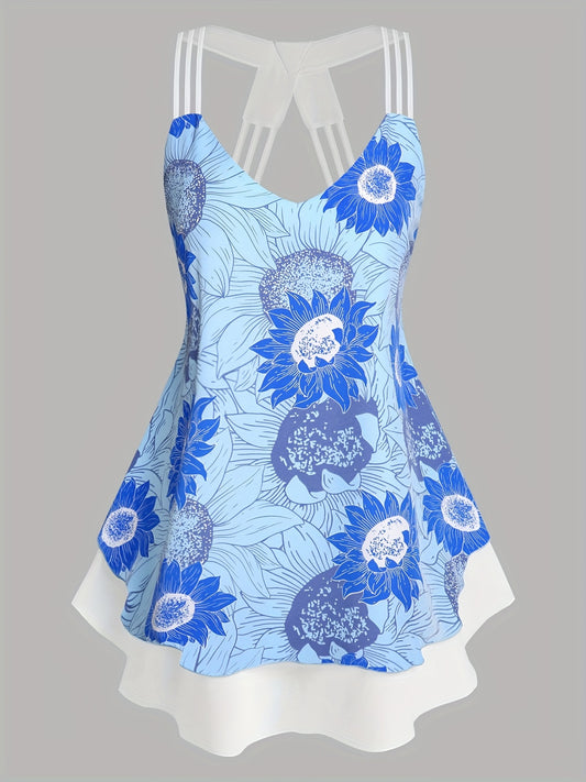  Floral Print V Neck Layered Split Strap Tank Top