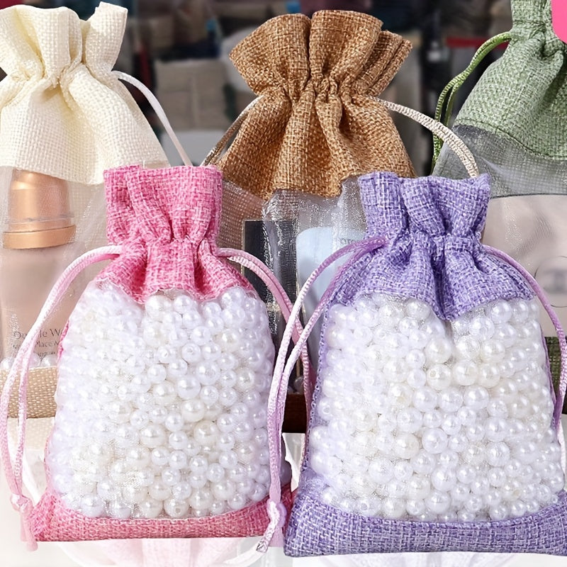 12pcs Makeup Storage Jute Bag Drawstring Gift Bag Single Side Window