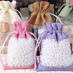 12pcs Makeup Storage Jute Bag Drawstring Gift Bag Single Side Window