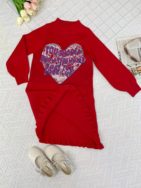 Girls Knitted Heart Jacquard Sweater Dress for Autumn and Winter