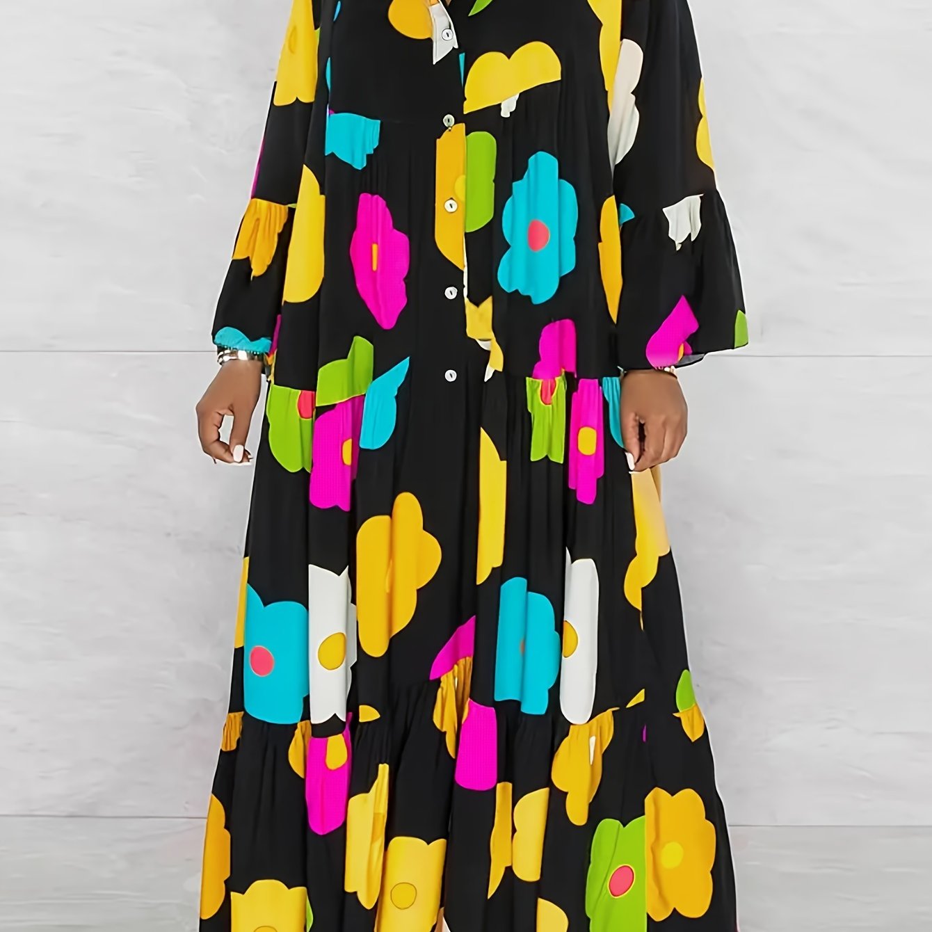 Floral Print Bell Sleeve V Neck Smock Dress