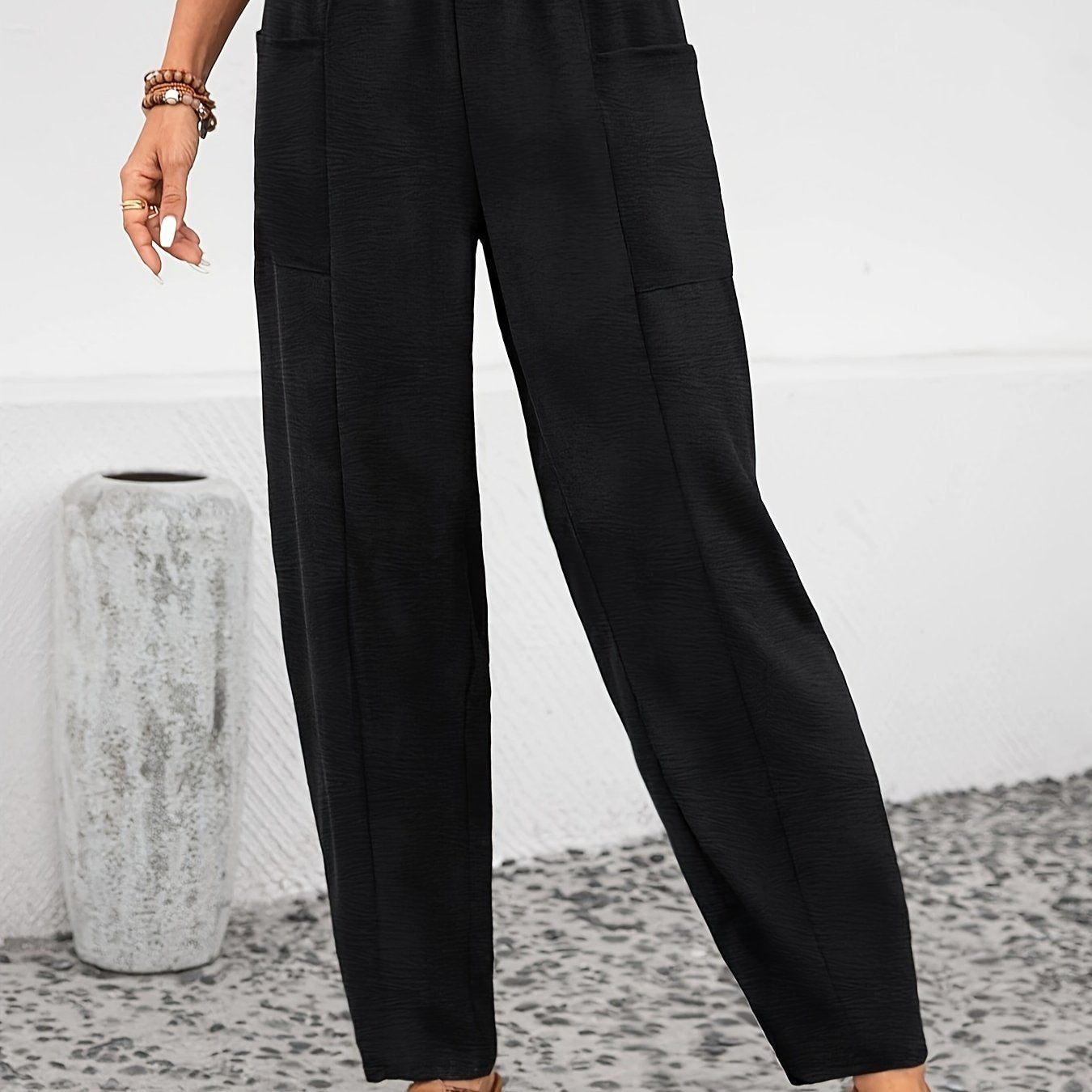  Solid Textured High Rise Loose Fit Trousers With Pockets