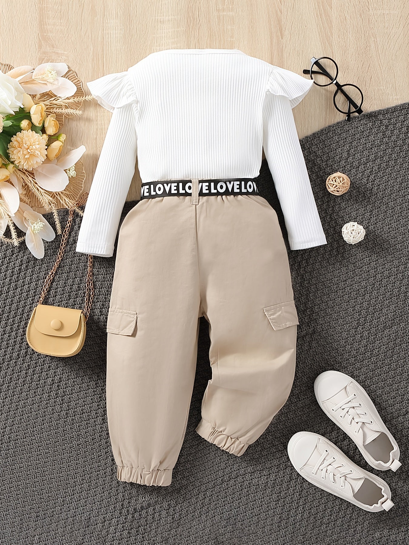 2pc Baby Girls Ruffle Knit Top & Cargo Pant Set