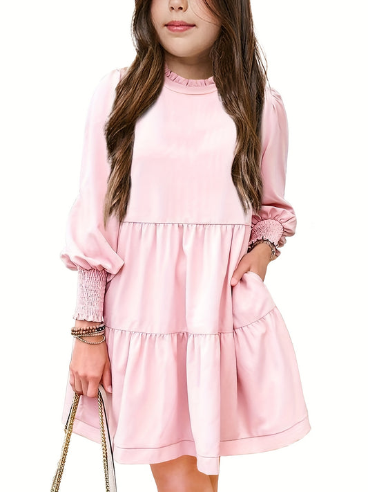 Girls Ruffle Neck Long Sleeve Dress Swing Dress Kids Casual Maxi Dress