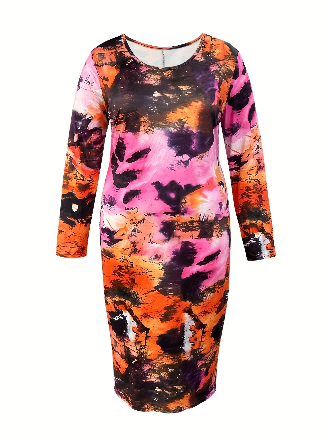  Tie Dye Long Sleeve Round Neck Midi Dress