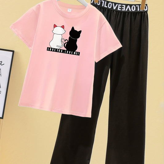 Girls Cat Graphic T Shirt & Wide Leg Pants Set Kids Spring Summer Clothes