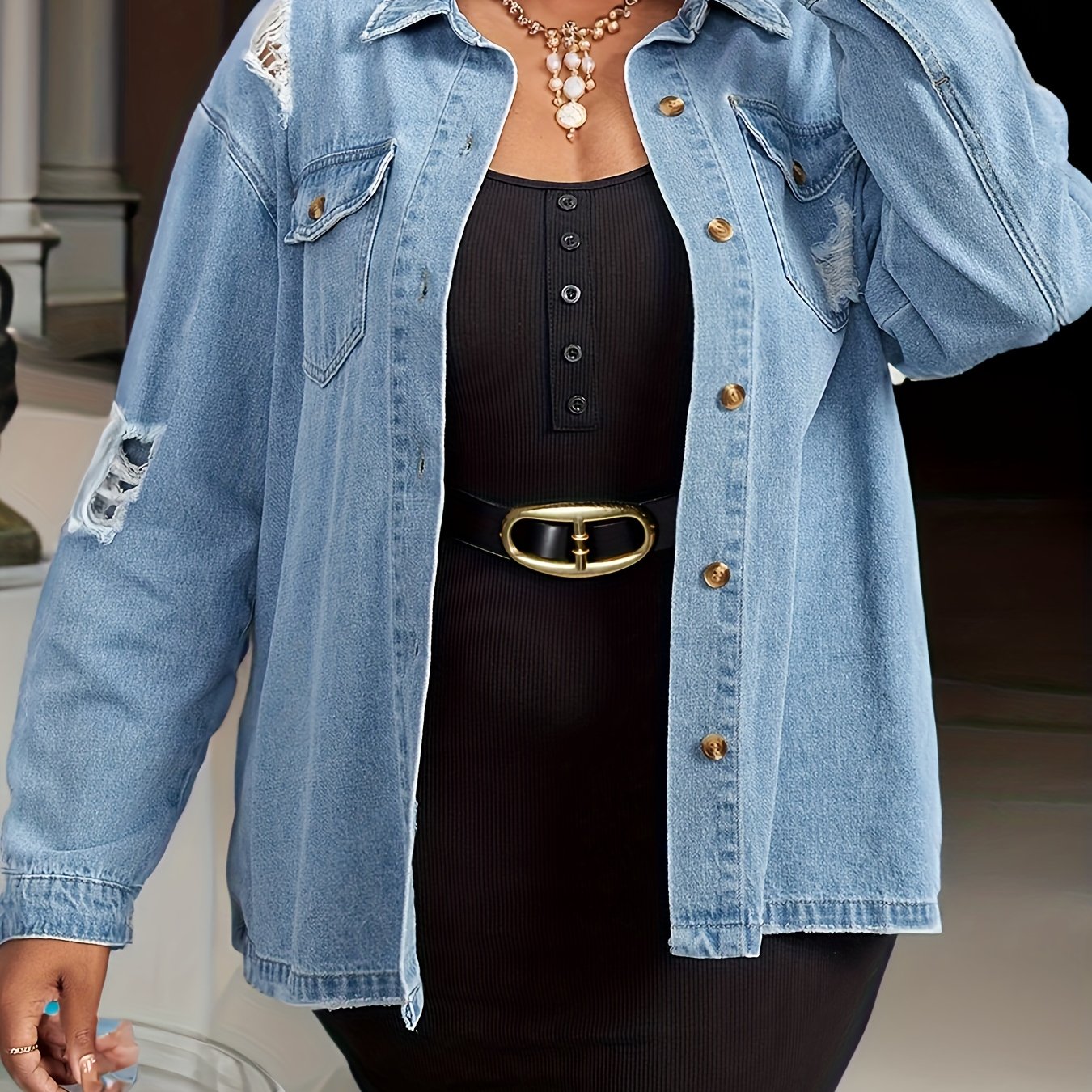  Casual Denim Top Women's Plus Solid Button Up Long Sleeve