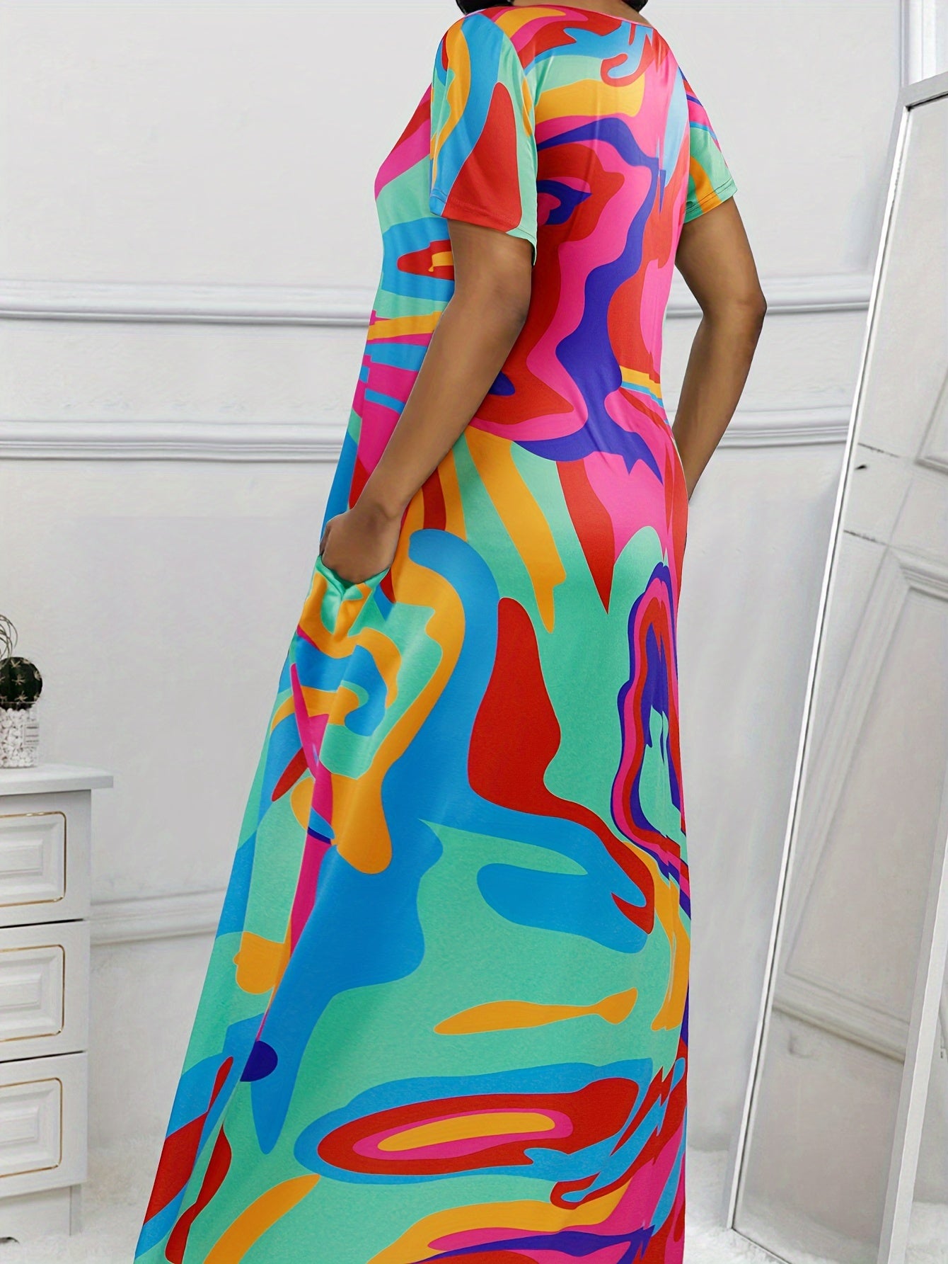  Boho Maxi Dress Short Sleeve Round Neck With Pockets