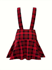  Plaid Print Button Decor A line Suspender Skirt