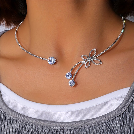 Glitter Silver Diamond Crystal Choker Butterfly Necklace