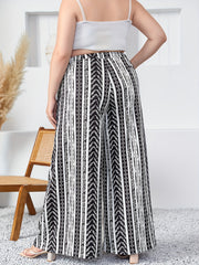  Colorblock Geometric Print Wide Leg Pants With Belt