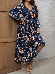  Floral Print Long Sleeve Maxi Dress With Belt