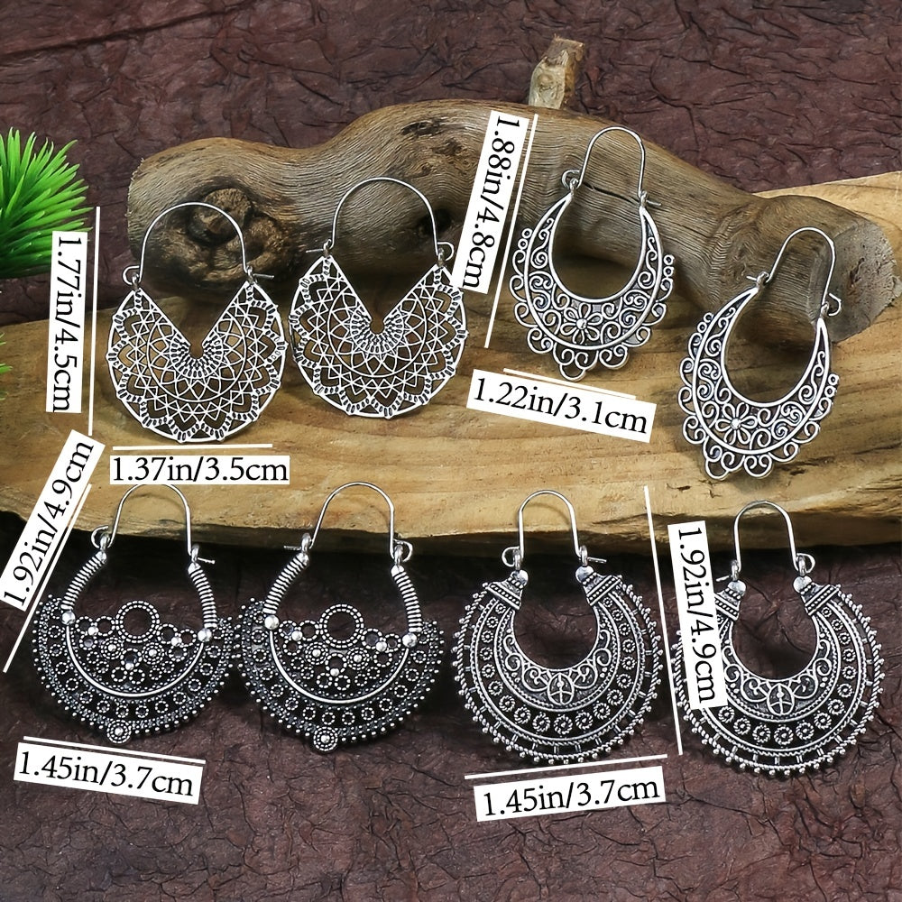 Vintage Ancient Silver U Shaped Earrings Women's Boho Hollow Dangle Earrings