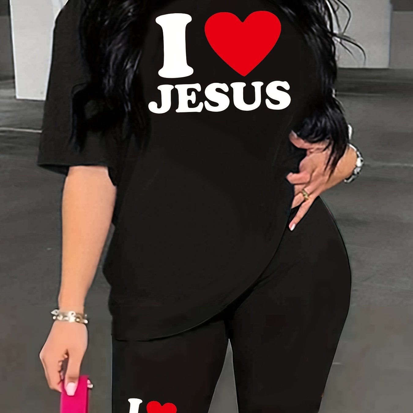 Jesus Print Two-Piece Set Short Sleeve Crew Neck T-shirt & Biker Shorts