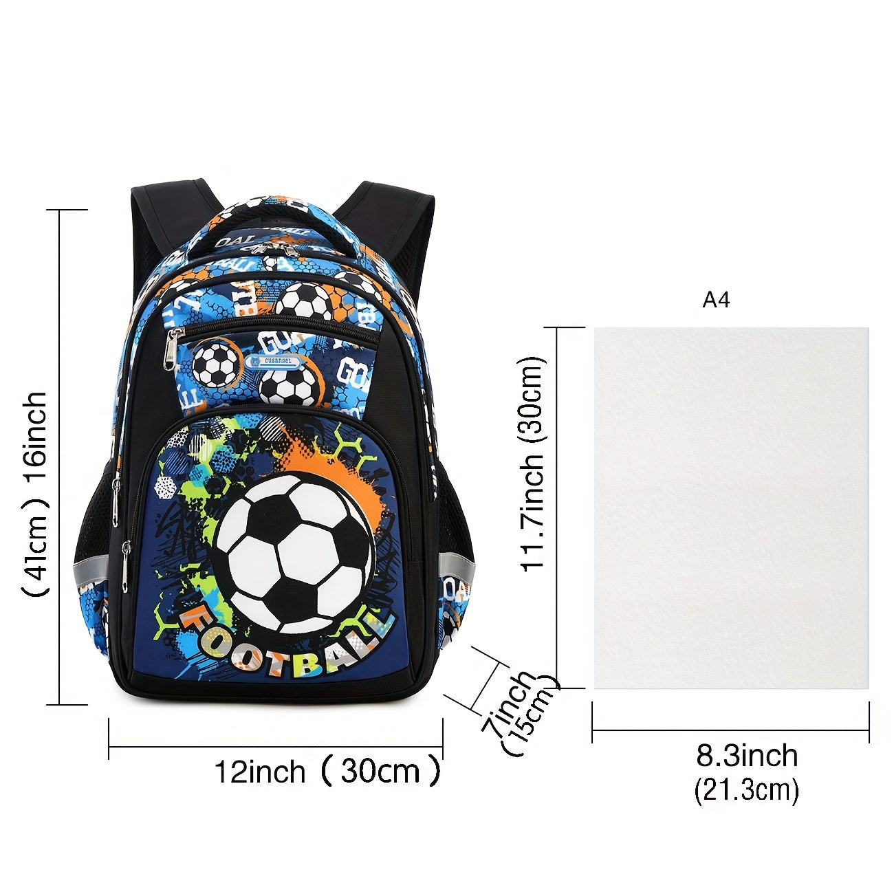 Football Print Backpack for Boys, Lightweight, Waterproof, Large Capacity