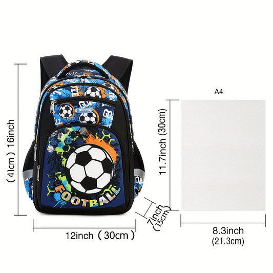 Football Print Backpack for Boys, Lightweight, Waterproof, Large Capacity
