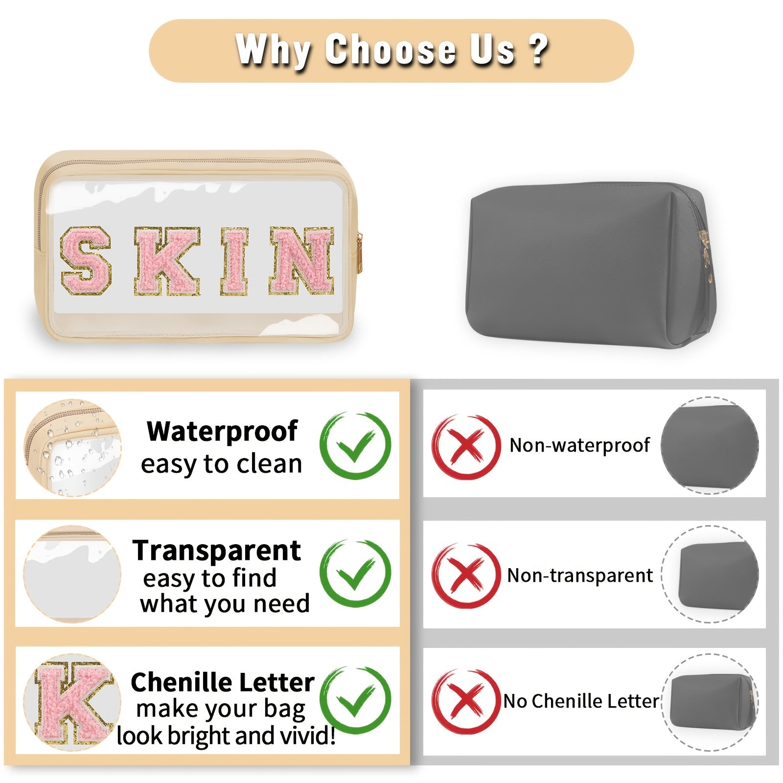 Chenille Letter Clear Makeup Bag Waterproof Portable Glitter Cosmetic Bag