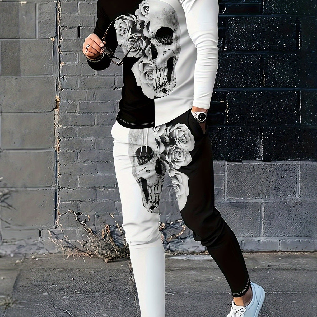 Skull Rose Block Print Men's Casual Sweatshirt & Sweatpants Set