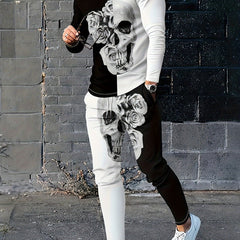 Skull Rose Block Print Men's Casual Sweatshirt & Sweatpants Set