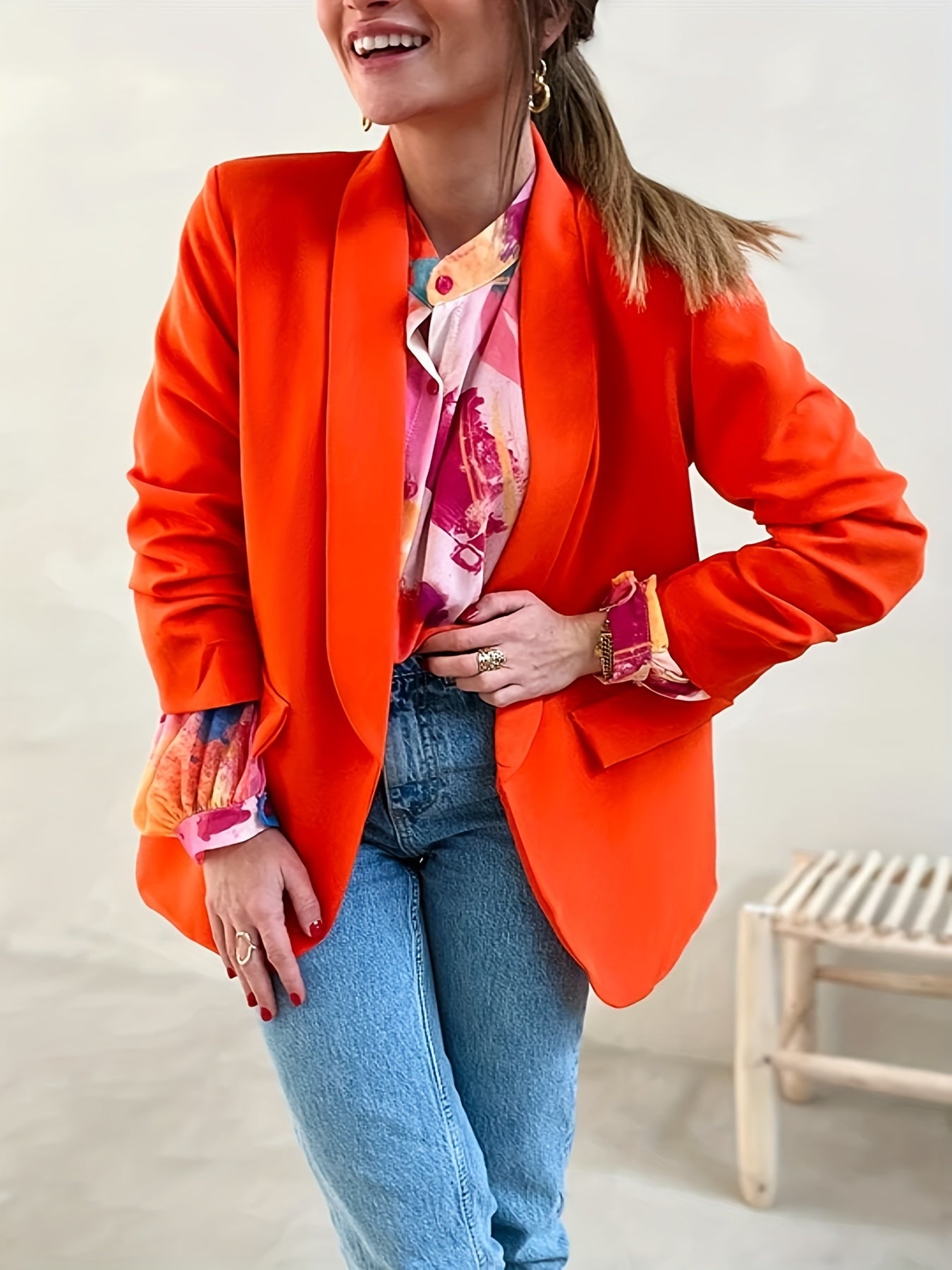  Casual Blouse Women's Plus Colorblock Print Button Up Blouse