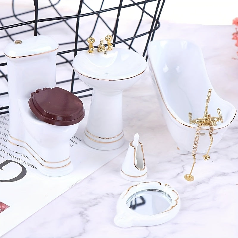 5pcs Ceramic Bathroom Set with Mini Bathtub Mirror & Toilet Figurine Decor