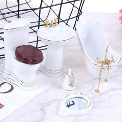 5pcs Ceramic Bathroom Set with Mini Bathtub Mirror & Toilet Figurine Decor