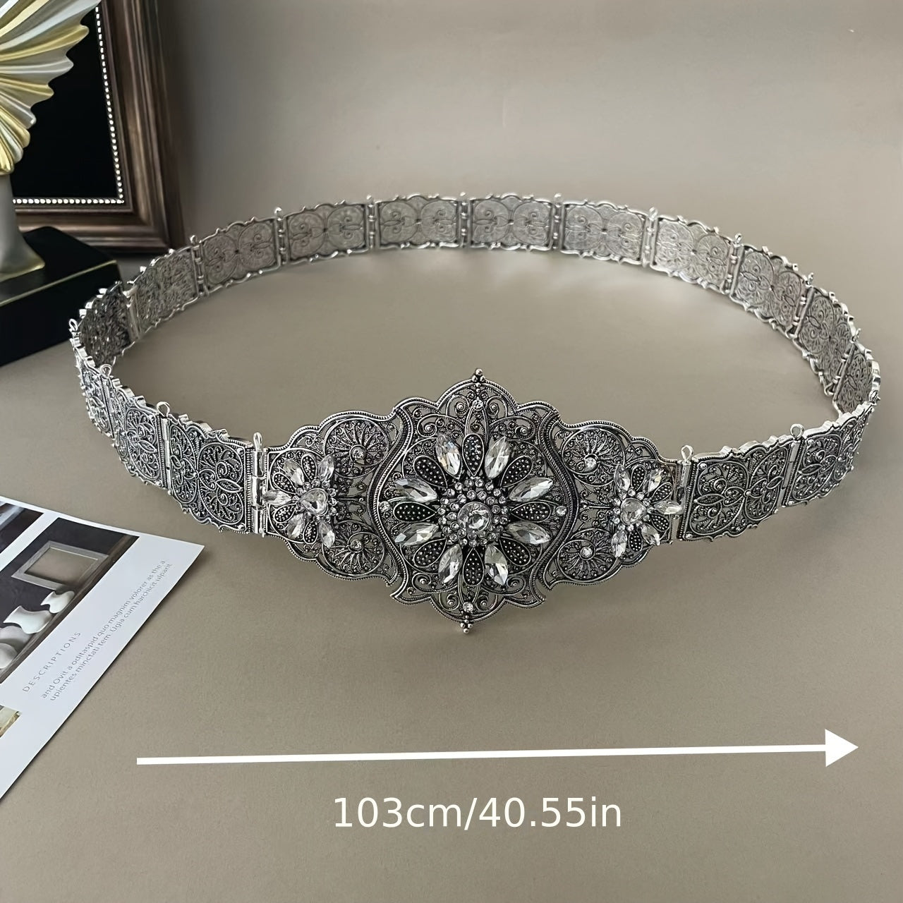 Slavic Women's Belt with Rhinestones and Metal Detail