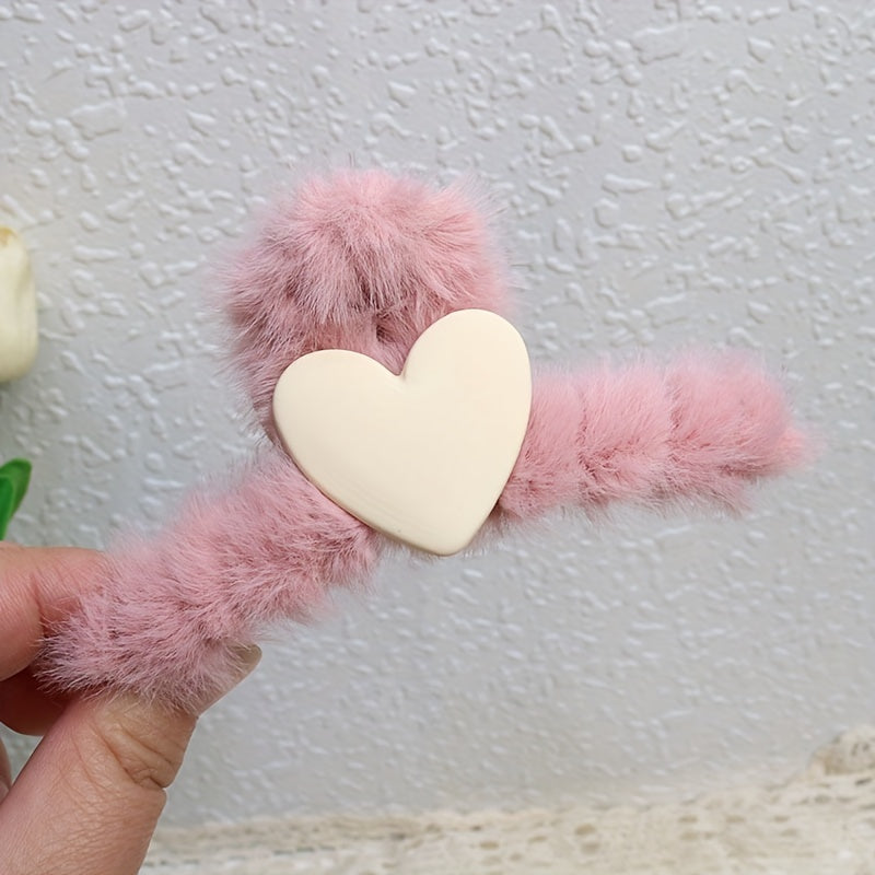 Fluffy Plush Heart Hair Claw Clips Multicolor Strong Hold Hairpins