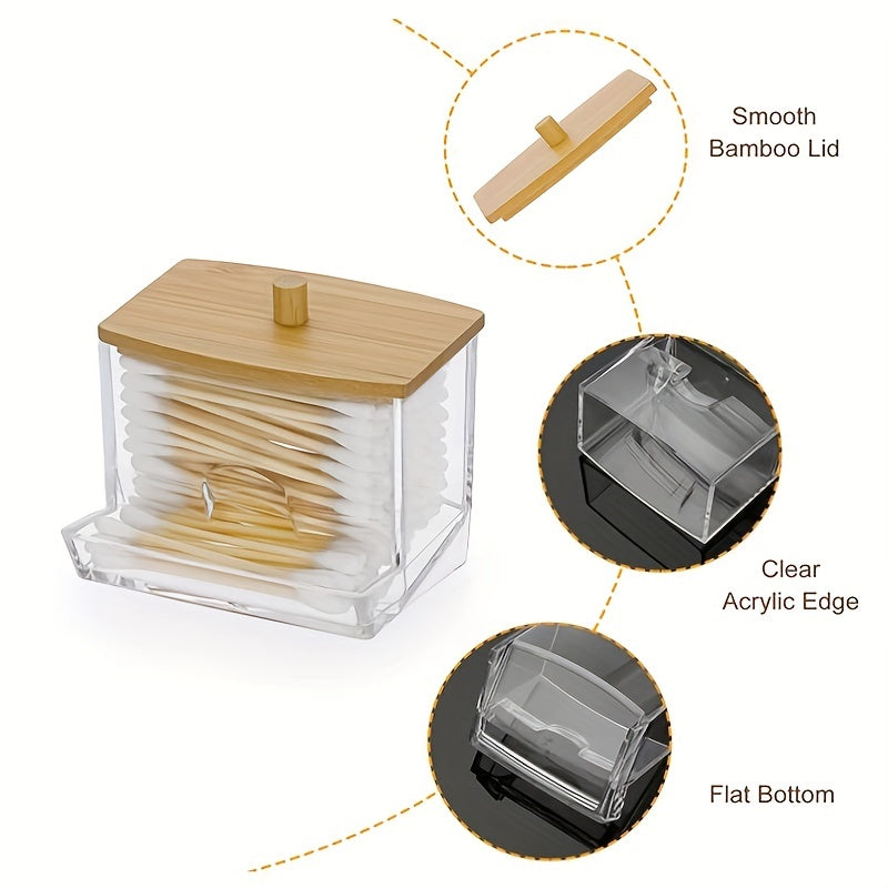 Acrylic Q Tip Dispenser with Bamboo Lid for Bathroom