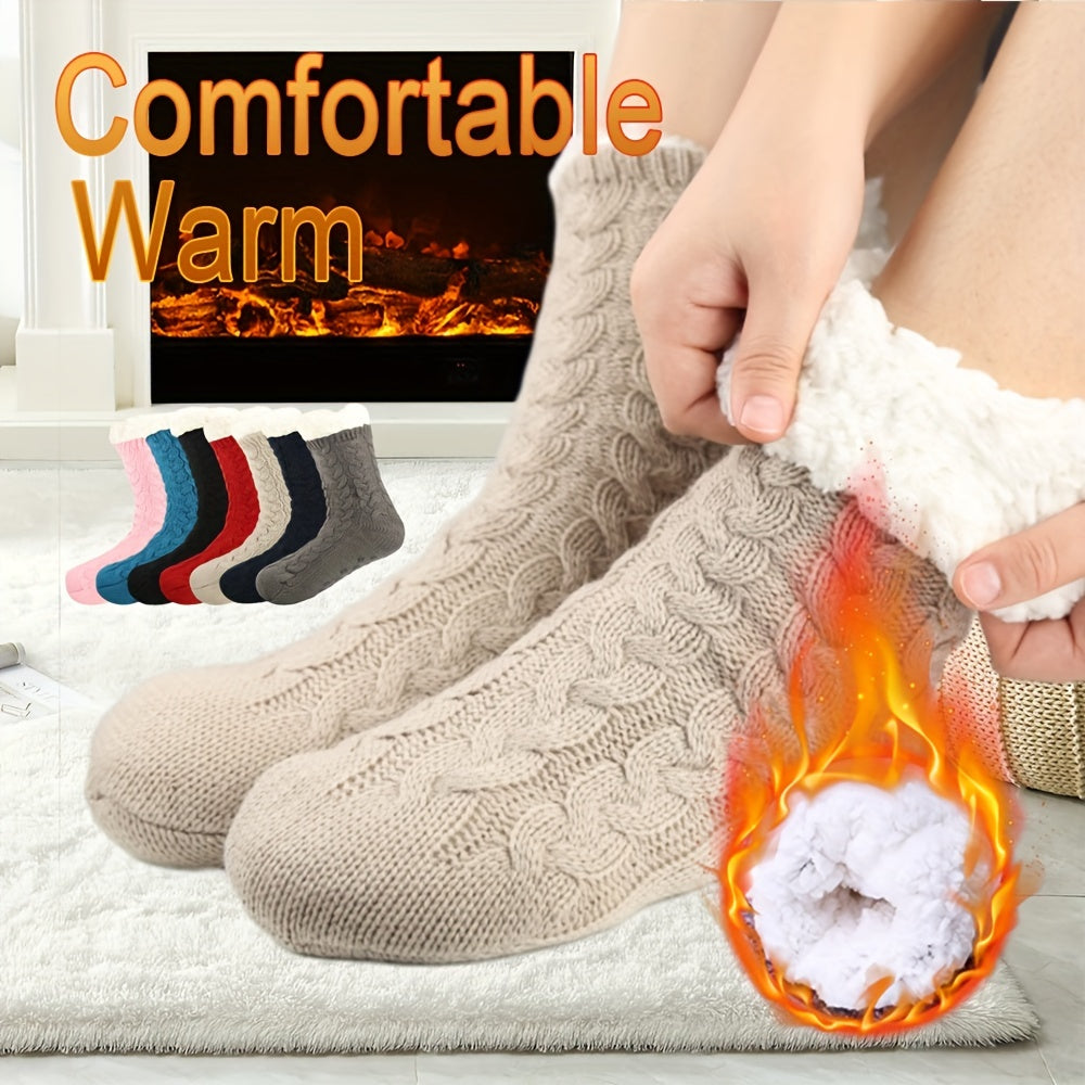Winter Fleece Lined Mid Calf Socks With Grips
