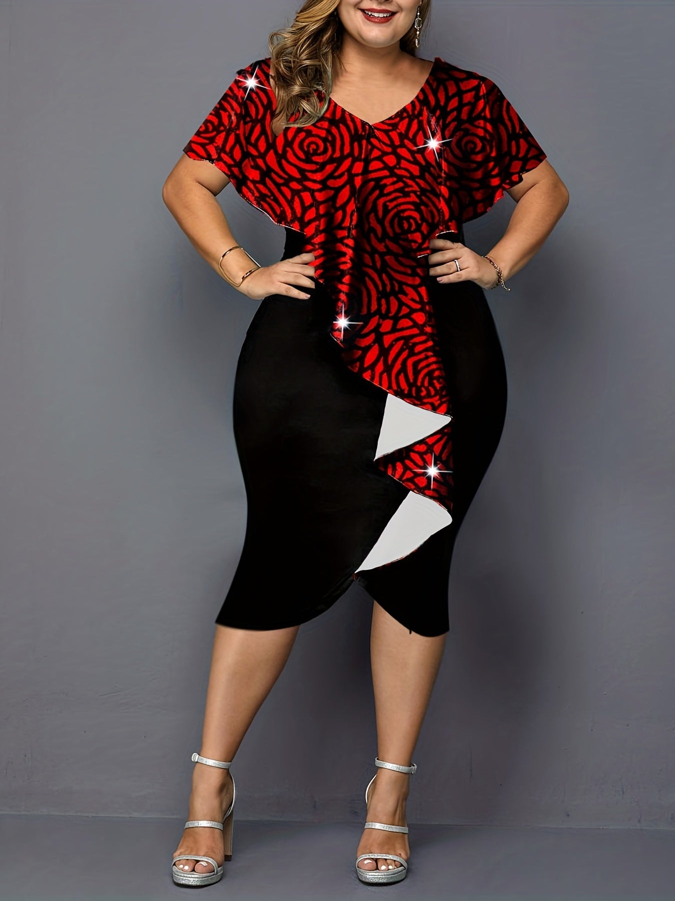  Rose Print Cape Sleeve Bodycon Pencil Dress