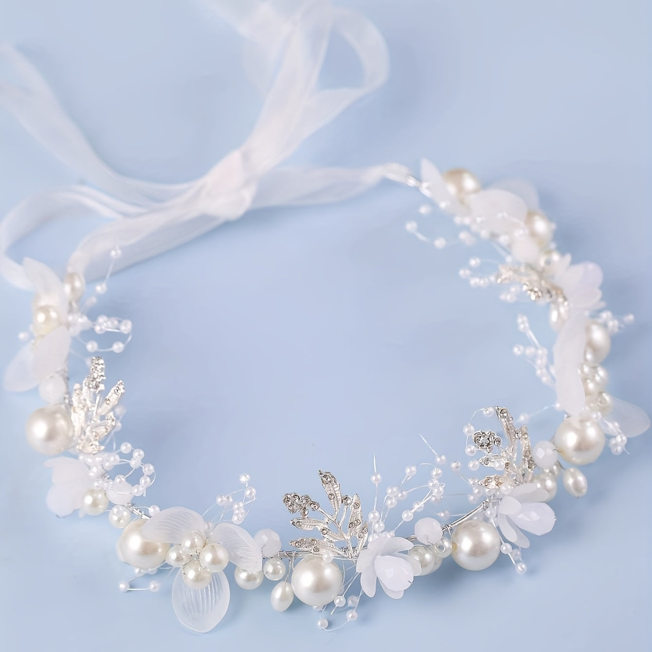 Girls Flower Headband with Faux Pearl Decoration for Wedding Party