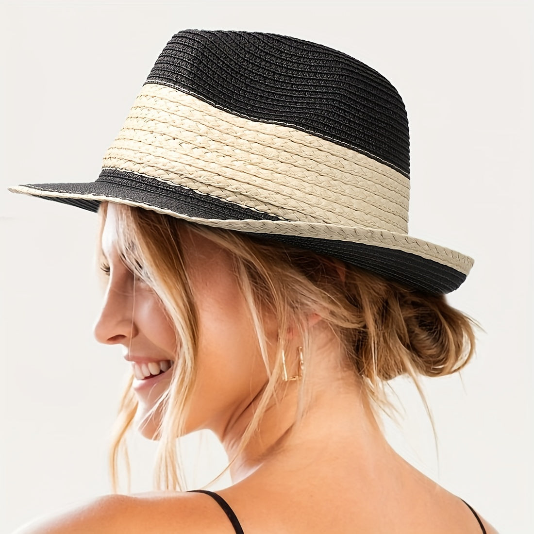 Vintage Straw Fedora Cap Short Rolled Brim Jazz Sun Hat