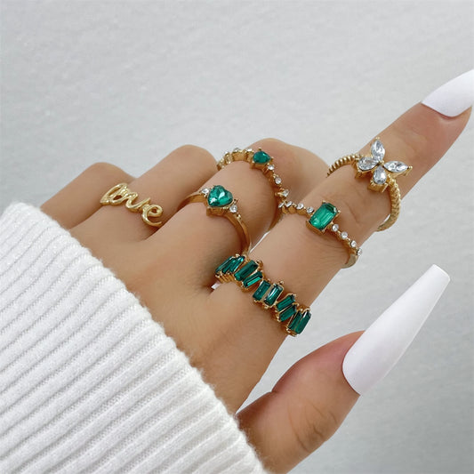 Green Vintage Emerald Heart LOVE Alphabet Butterfly Geometric Ring Set