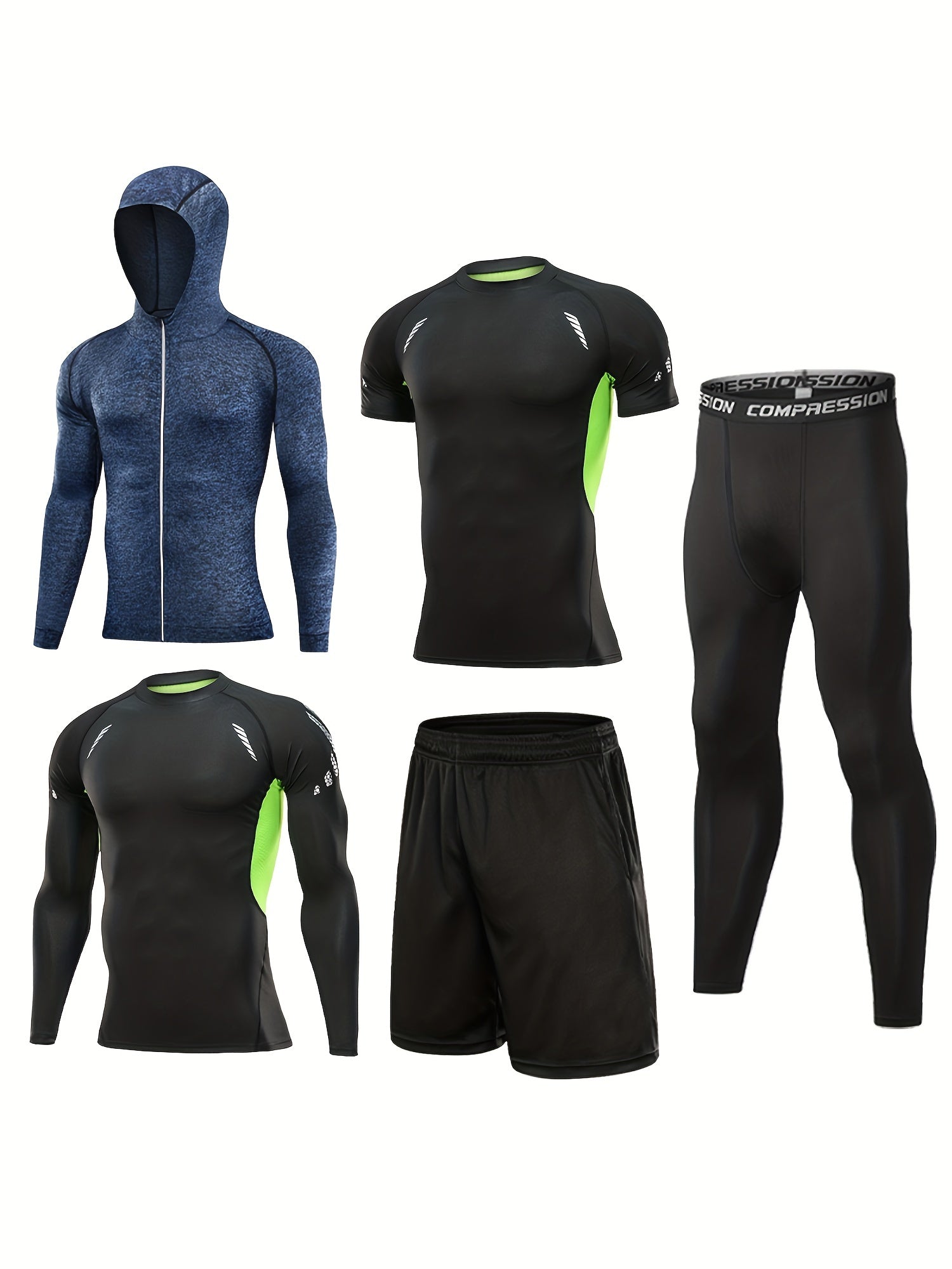 5 Pc Men's Quick Dry Gym Outfit: Jacket, Hoodie, T-shirt, Shorts, Leggings