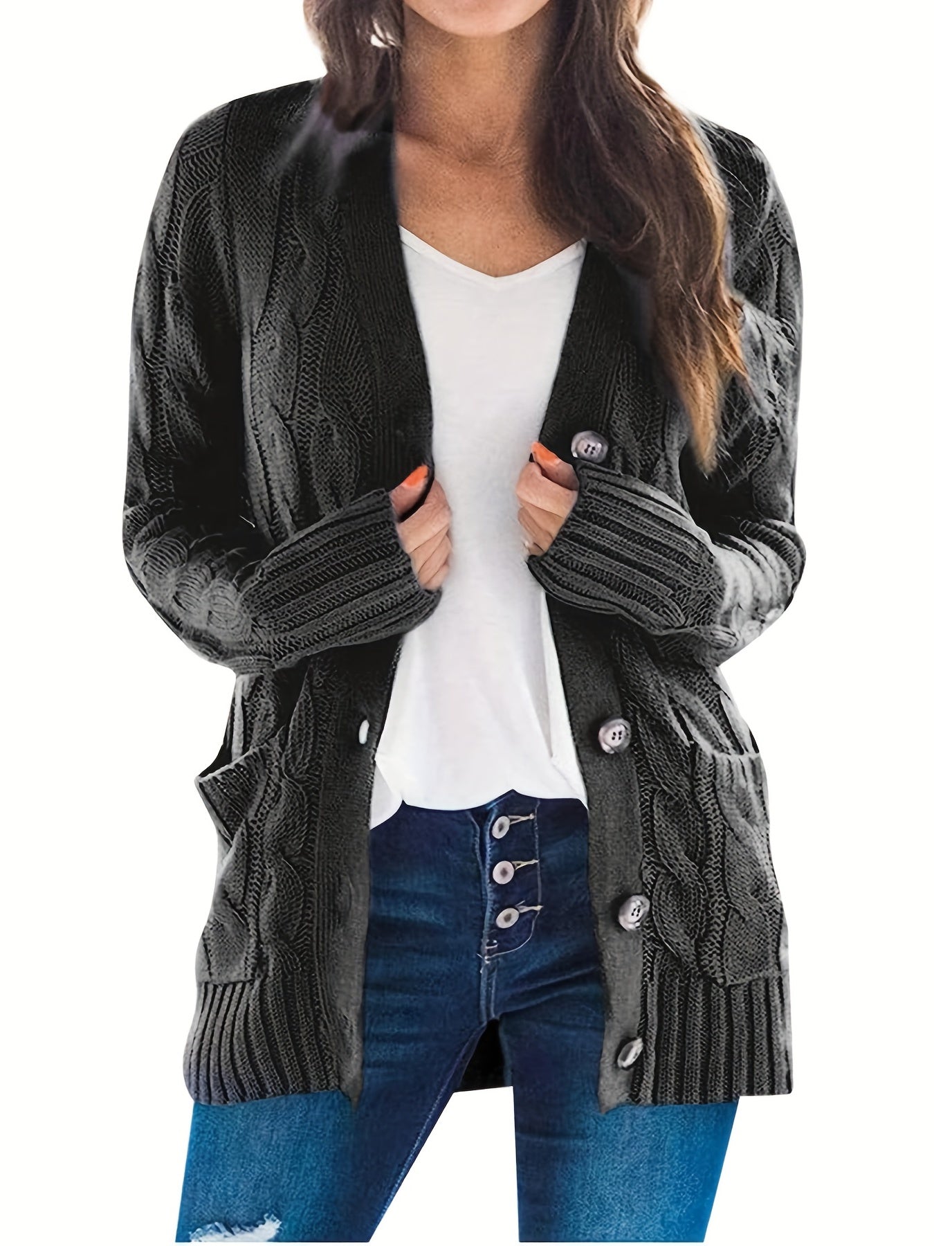  Solid Color Jacquard Button Long Sleeve Cardigan