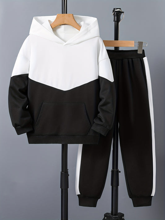 Boy's 2pcs Hoodie & Sweatpants Set Block Top Casual Outfits Kids Clothes