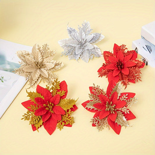 10pcs Christmas Golden Powder Garland Decoration Flowers Christmas Tree Pink