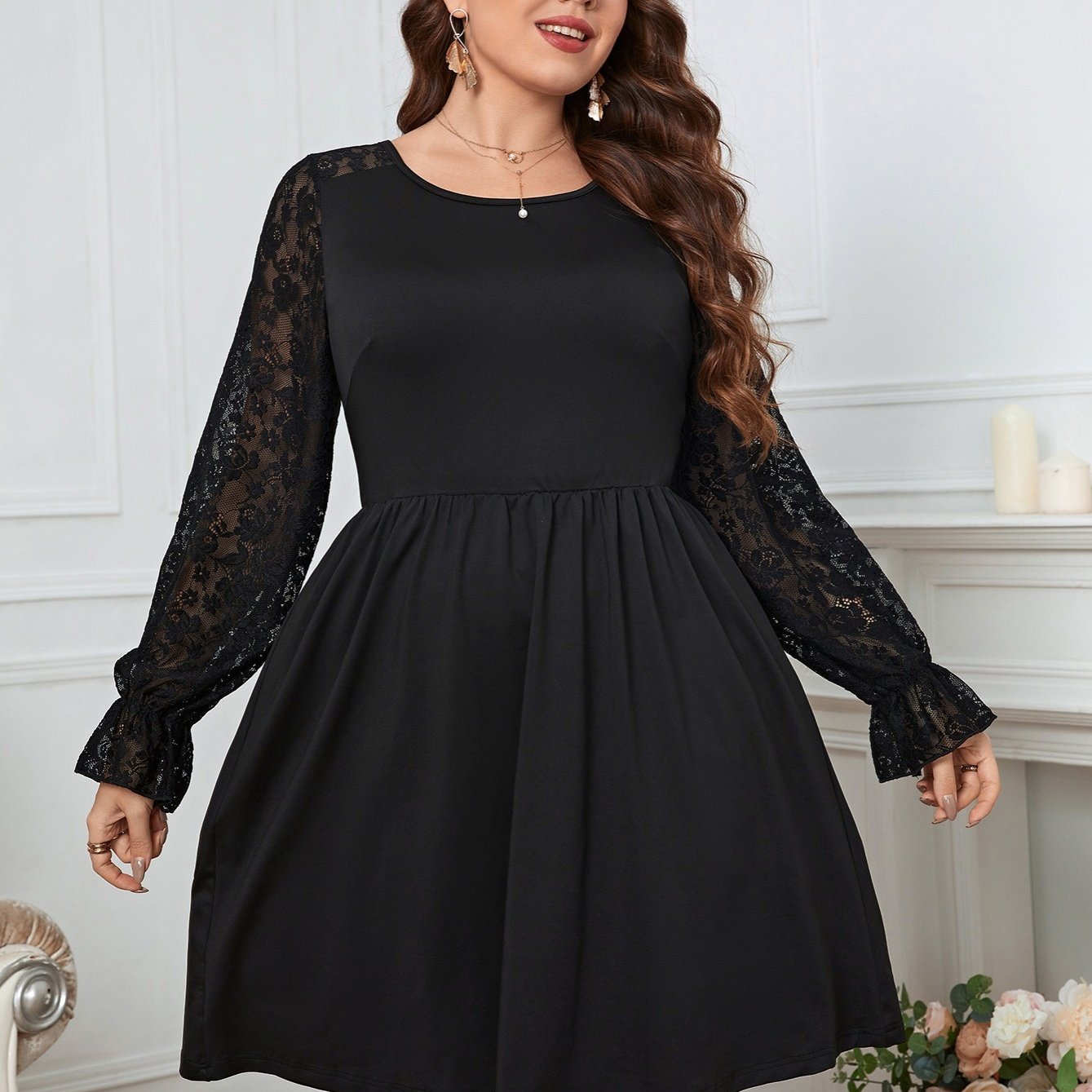  Long Sleeve Lace Crew Neck Ball Gown