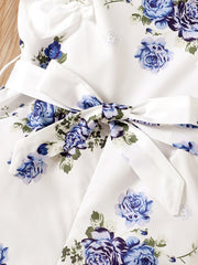 Girls Flowers Print Romper Sleeveless Ruffles Jumpsuit With Belt