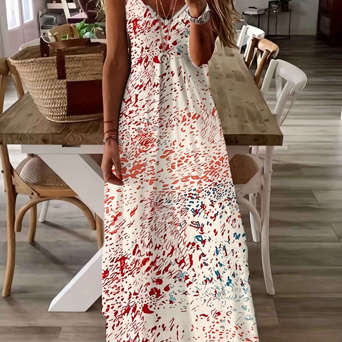 Abstract Print Cami Dress V Neck Maxi Dress Women's Clothing