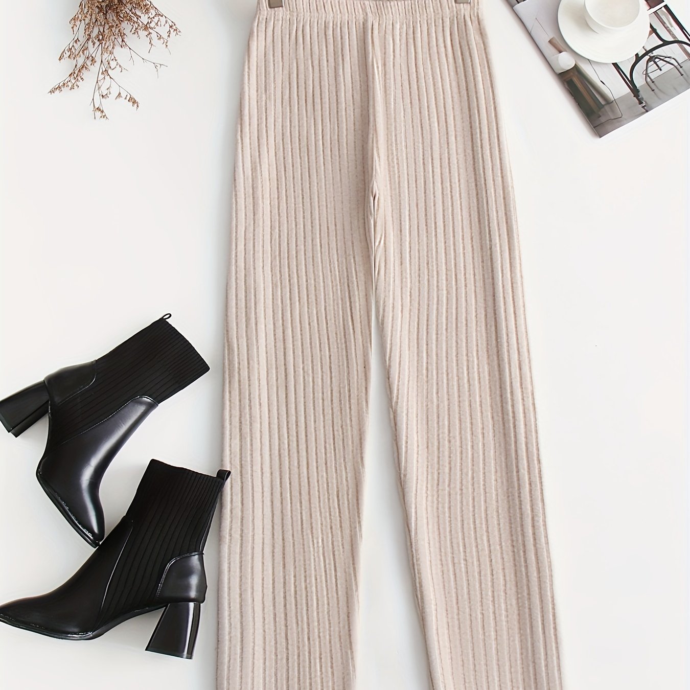  Women's Solid Ribbed High Rise Casual Pants
