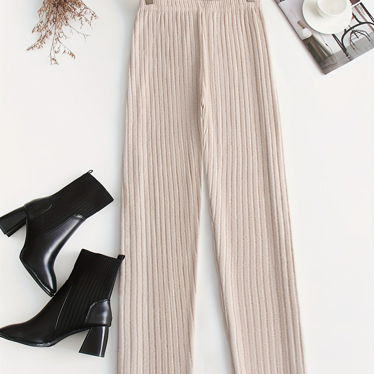  Women's Solid Ribbed High Rise Casual Pants