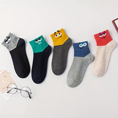 5 Pairs Cartoon Eyes Print Crew Socks Women's Stockings