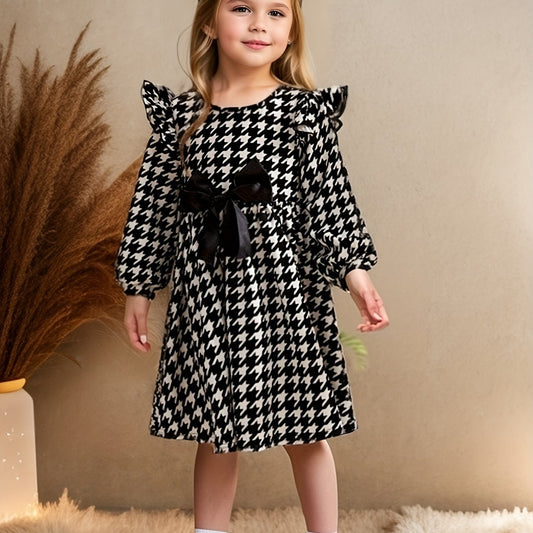 Girl's Houndstooth Bow Midi Dress