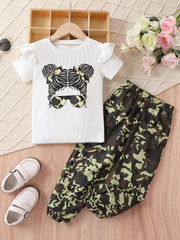 Girl's Sunglasses Print T-shirt & Pants Set for Summer