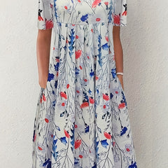 Plus Floral Print Short Sleeve Round Neck Dress With Pockets