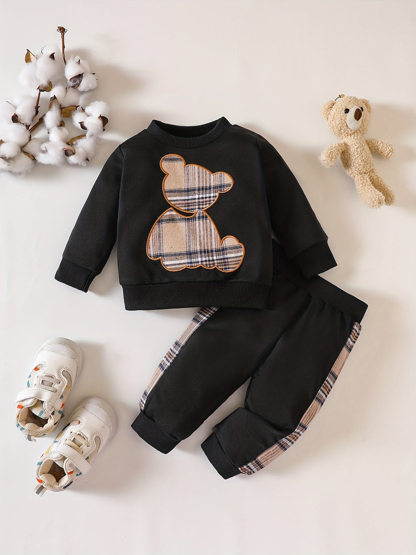 Baby Plaid Bear Embroidery Set Sweatshirt Tops Pants