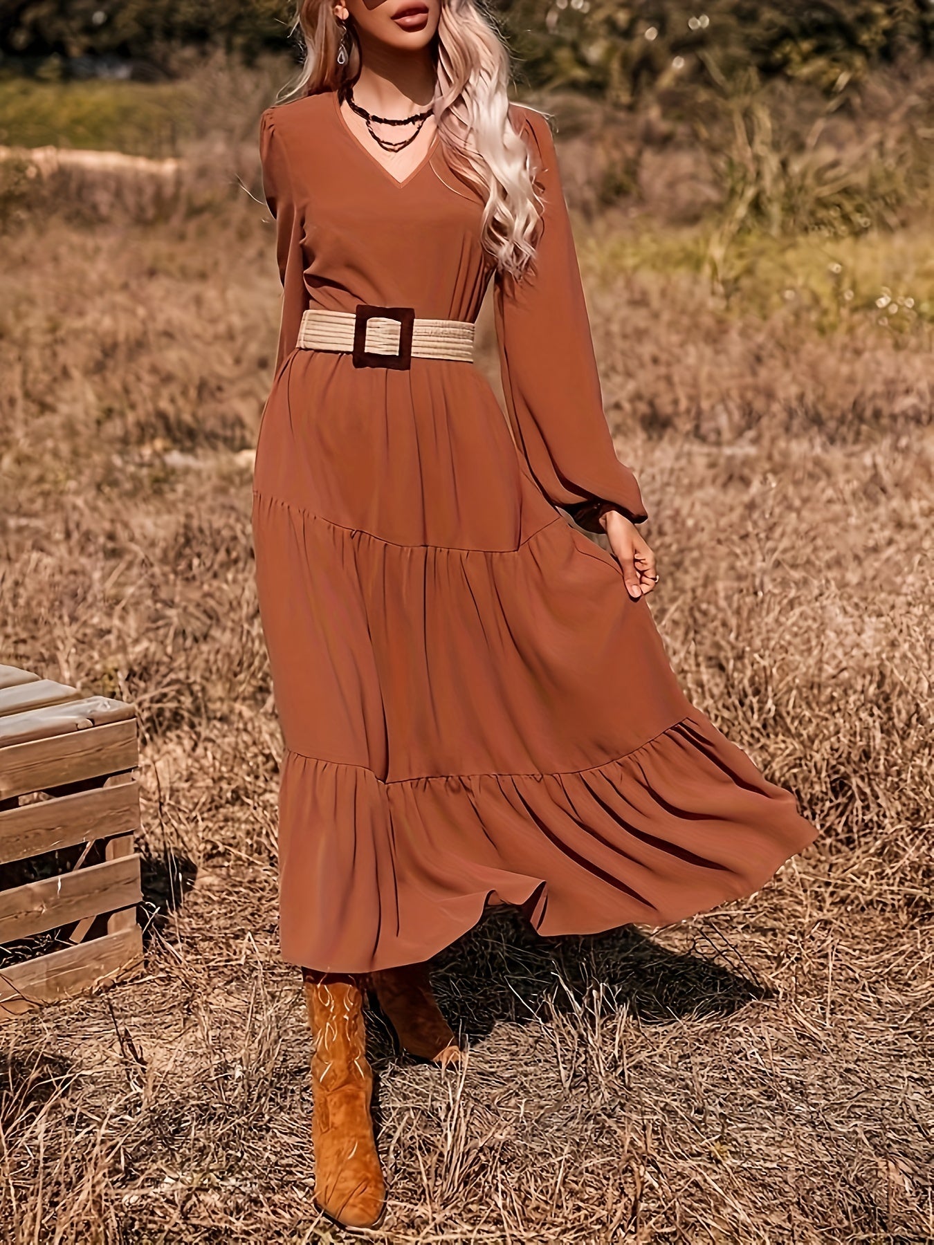 Women's Plus Lantern Sleeve Maxi Smock Dress