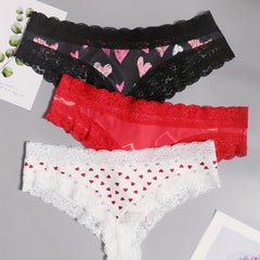 3 Pack Plus Size Heart Print Lace Cheeky Panty Set